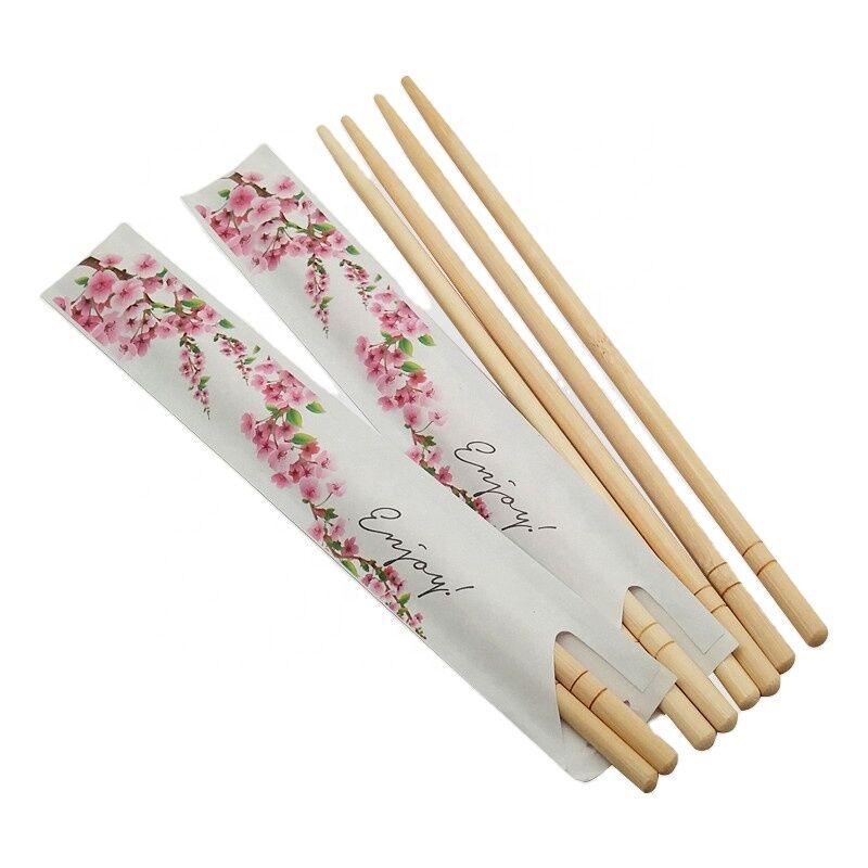 Disposable Bamboo Chopsticks with Paper Sleeve Pack Round Shape and Small Flower Printed